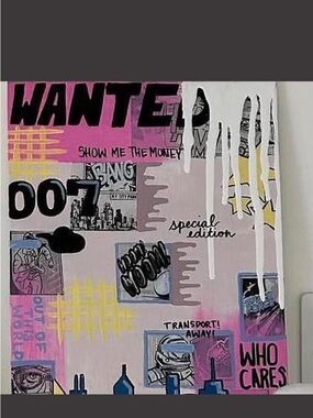 Pop Art 'Who Cares' Canvas Print in Pink, White & Yellow